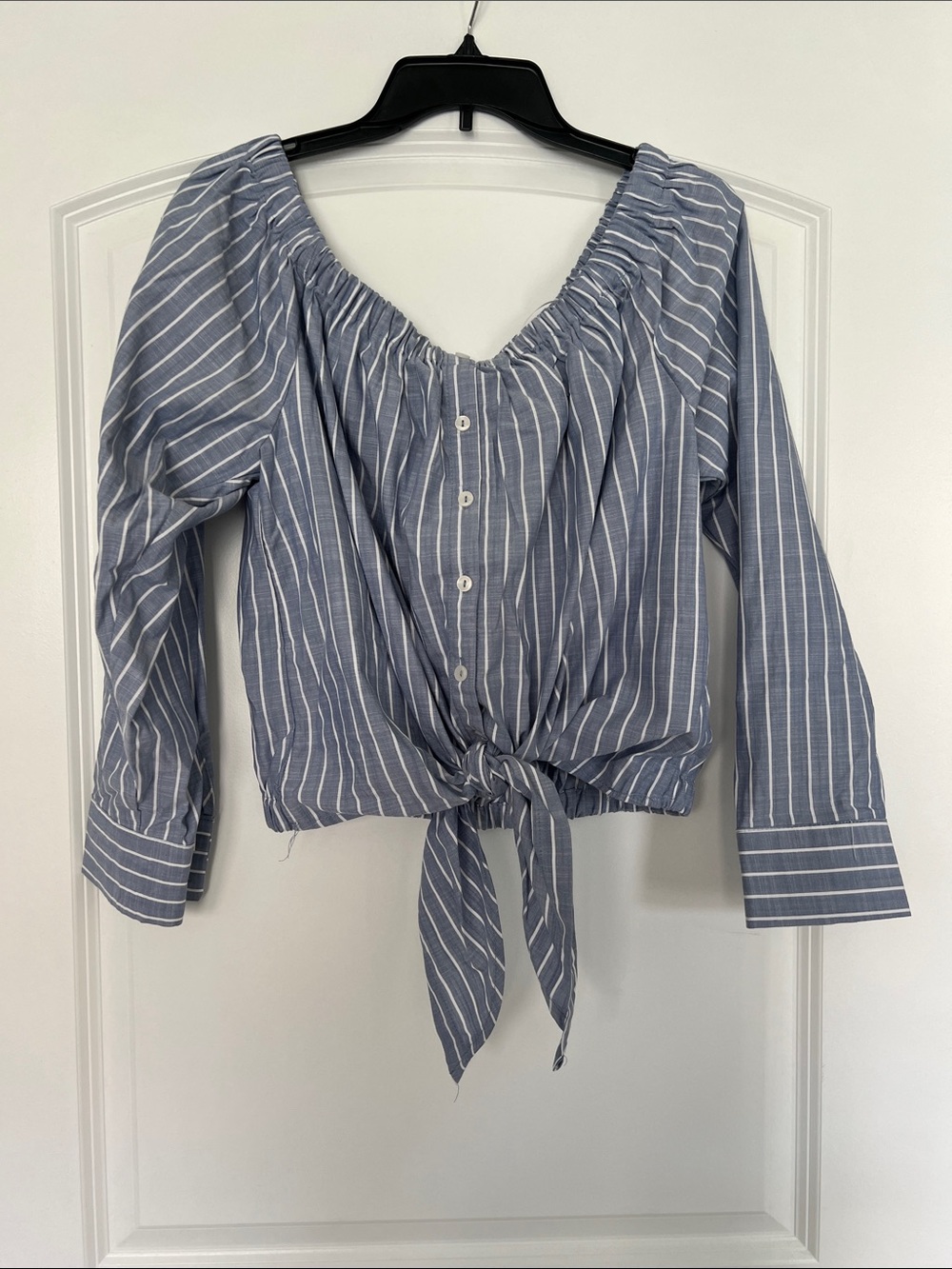 Time and Tru Blue & White Striped Tie-Front Off-Shoulder Blouse